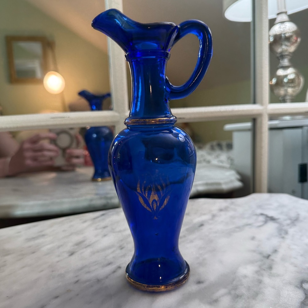 Vintage Avon Bottle Pitcher Vase Cobalt Blue Glass with Gold Accent